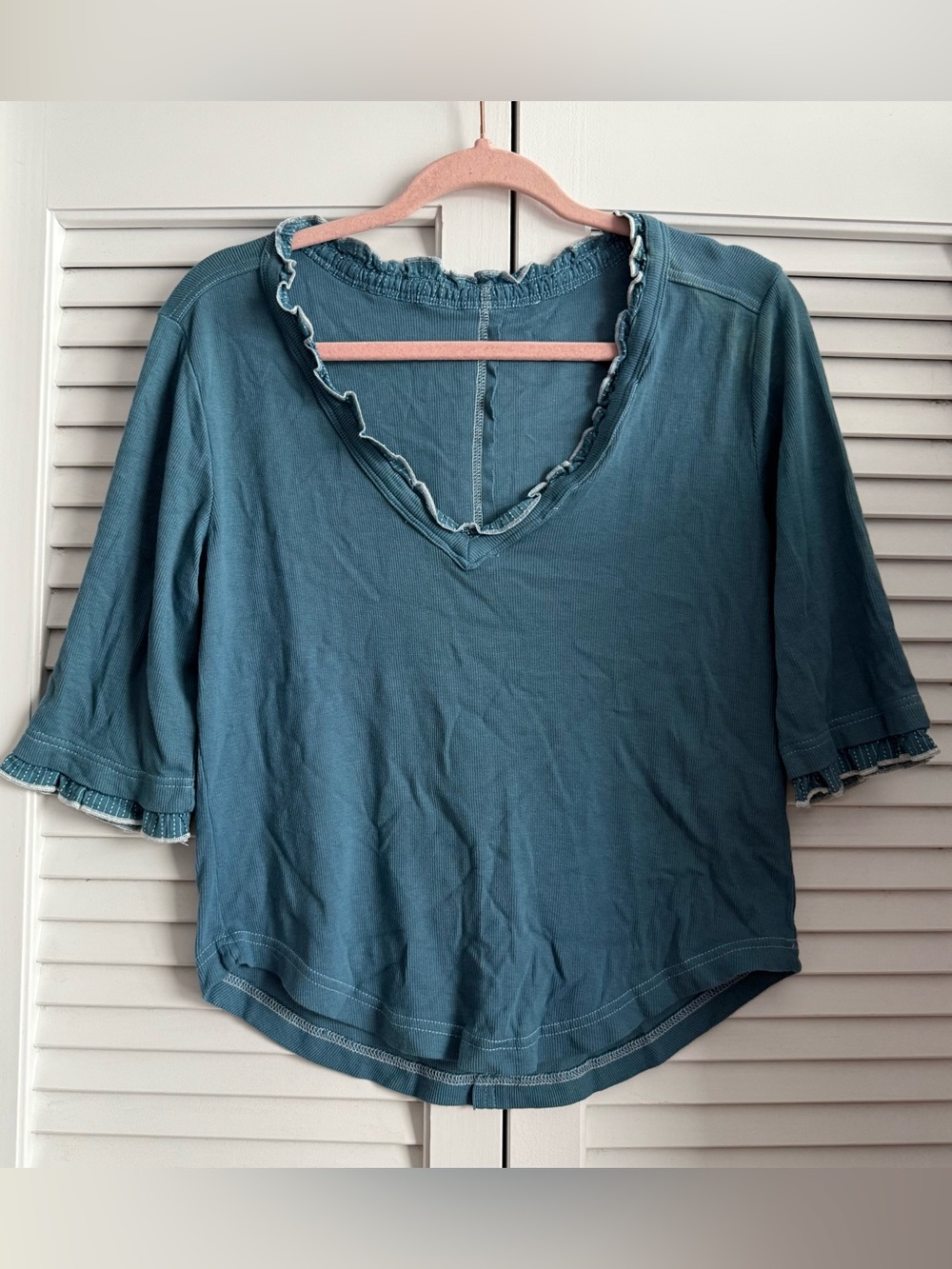 Pilcro Anthropologie Teal V-Neck Ruffle Trim Women's Top